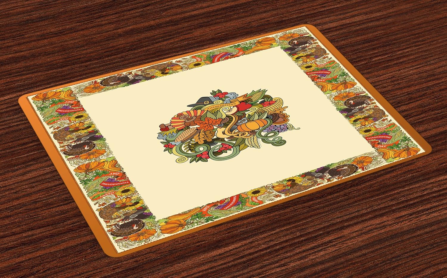 Ambesonne Thanksgiving Place Mats Set of 4, Pumpkin Wreath Bow Cranberry Leaves Ivy Corn Basket Fall Traditional Pattern, Washable Fabric Placemats for Dining Table, Standard Size, Beige Green