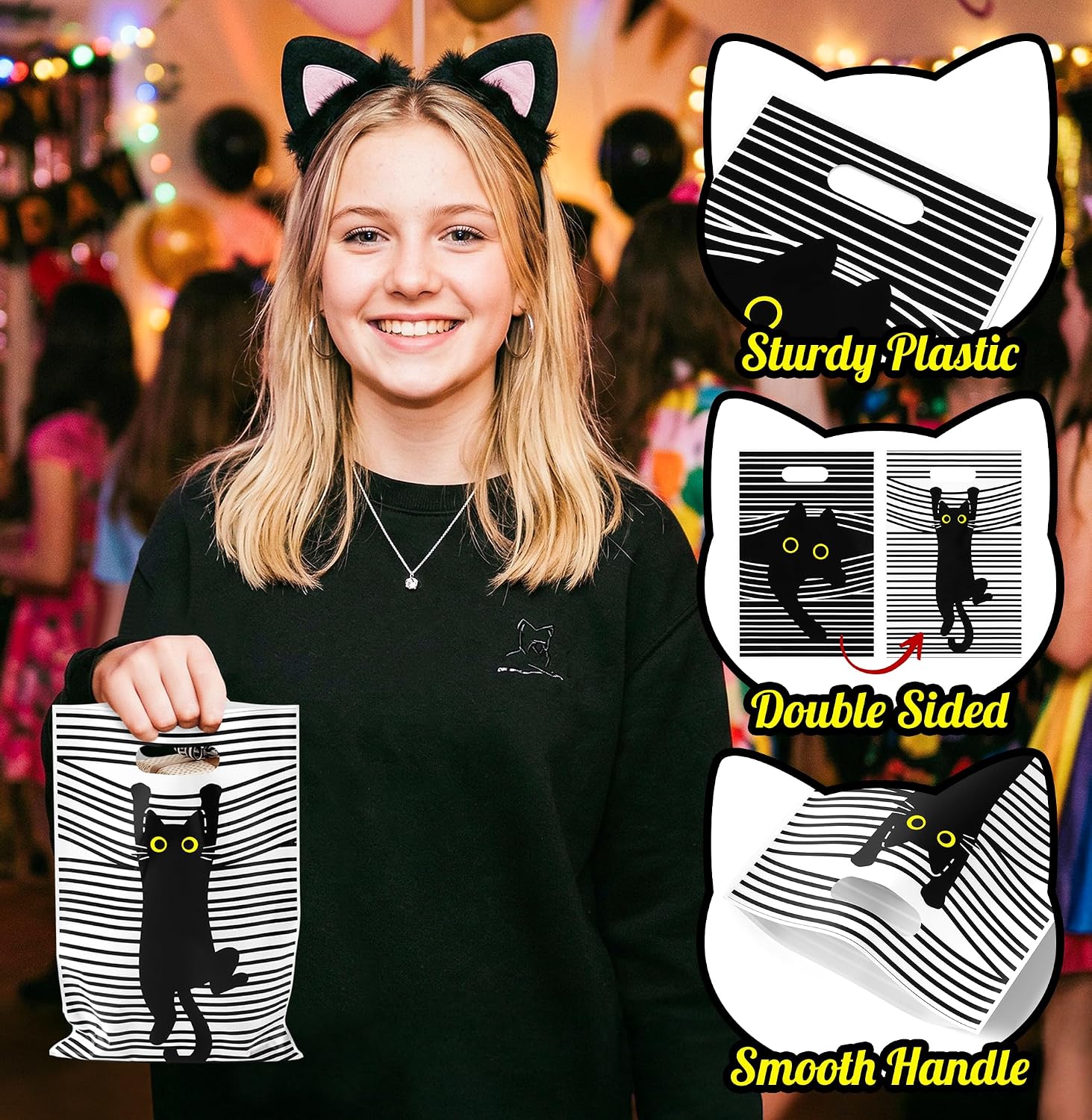 50 Pcs Black Cat Party Favor Bags Cute Cartoon Kitten Meow Plastic Goodie Treat Bags with Handles Funny Pet Meme Candy Gift Bags Baby Shower Birthday Party Supplies for Cat Lovers Kids Boys Girls image 3