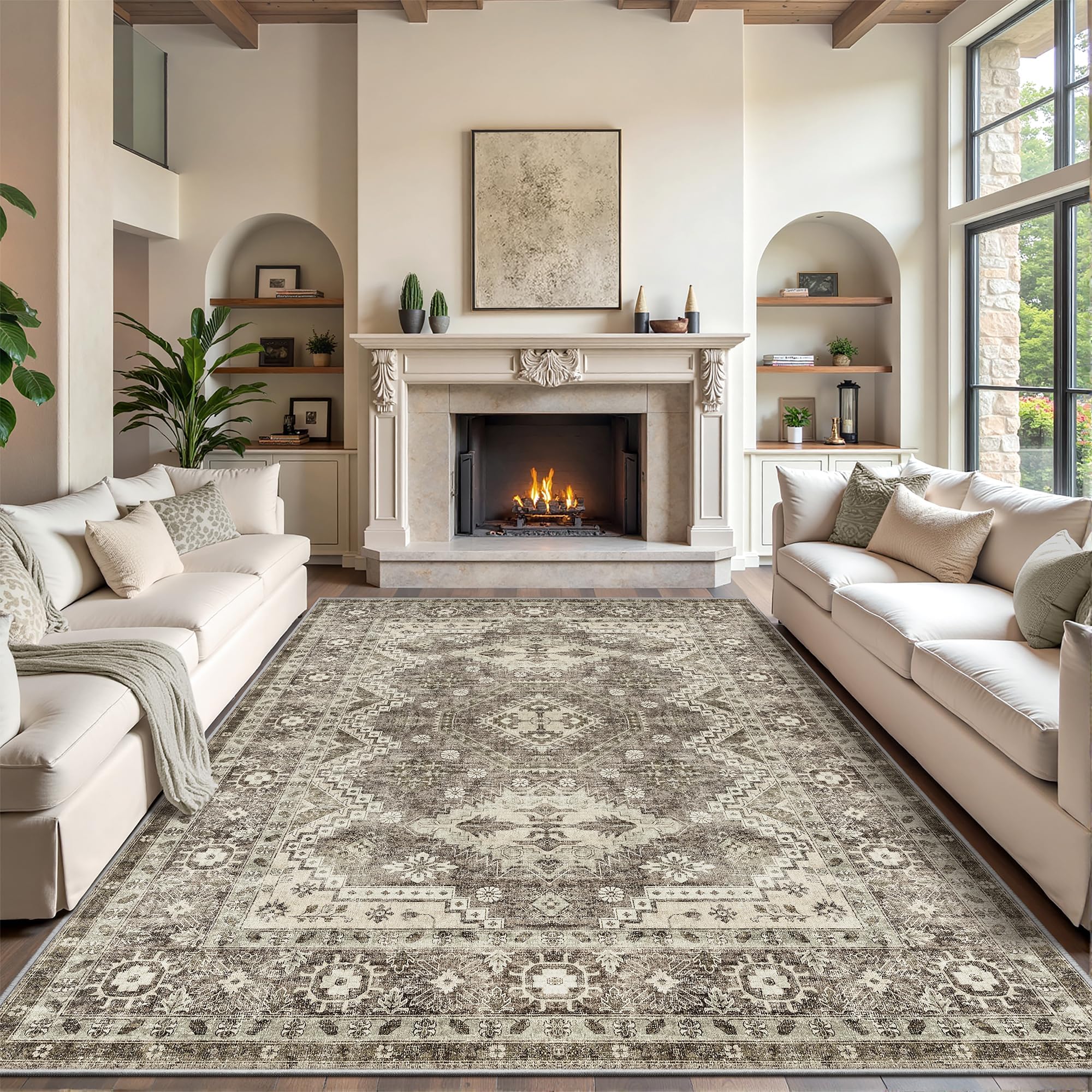 Rugland 8x10 Area Rugs - Stain Resistant Washable Rug, Anti Slip Backing Rugs for Living Room, Vintage Tribal Area Rugs (TPR07-Ivory, 8'x10')