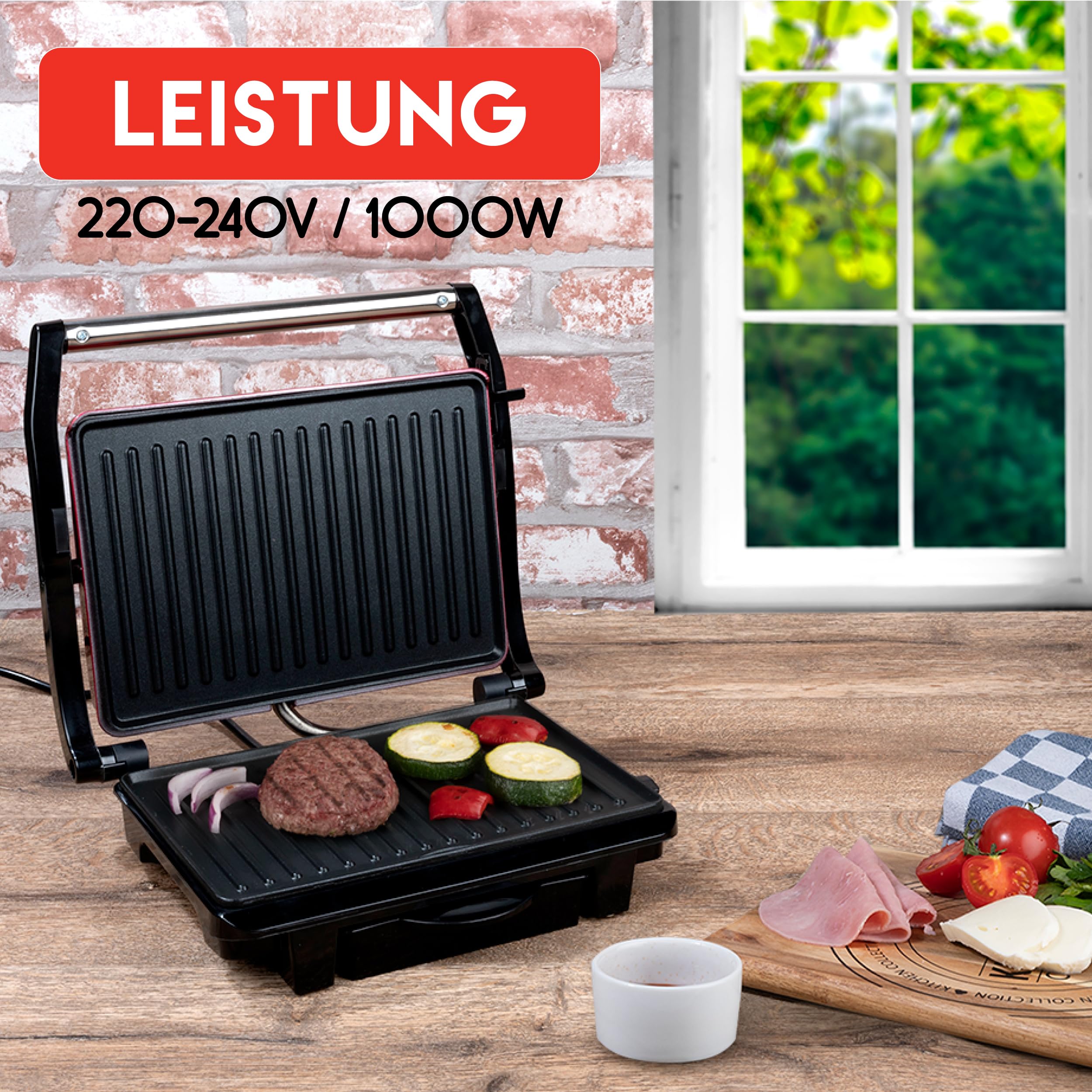 alpina Parrilla de contacto Optigrill 230 V/1000 W - Sandwichera - Panini Grill - Multigrill para verduras, pan y carne - Barbacoa de mesa con revestimiento antiadherente - Bandeja de goteo -