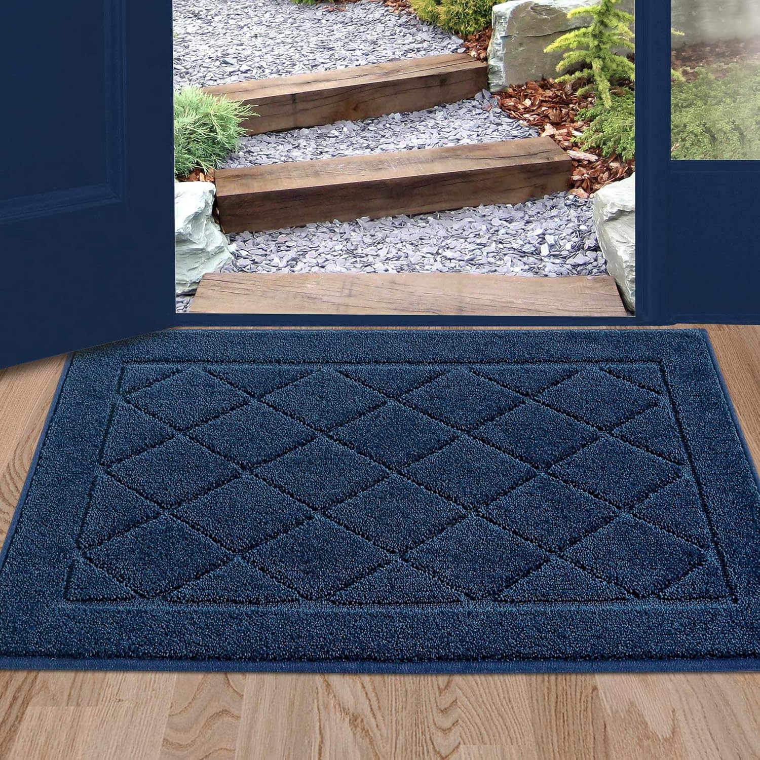 BEQHAUSE Dirt Trapper Door Mat 24" x 36", Doormat Non-Slip Entryway Rugs Washable, Dog Door Mat Stain Resistant and Absorbent Welcome Floor Mat for Front Back Door, Muddy Wet Shoes & Paws, Navy Blue