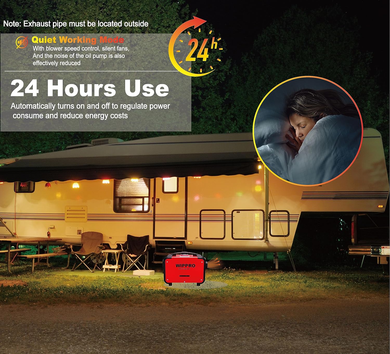 WIPPRO Diesel Heater operating quietly outside an RV at night
