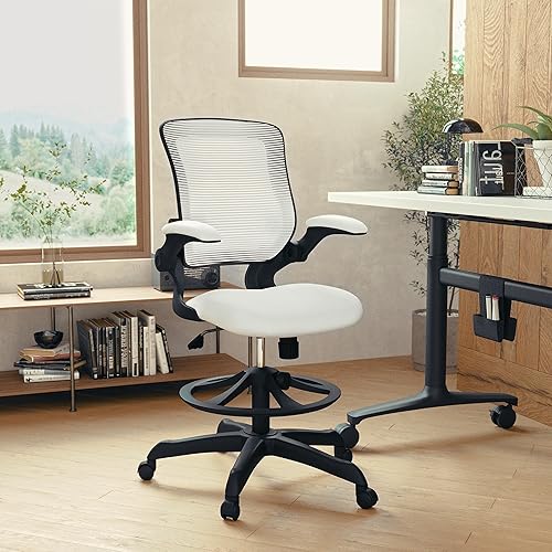 Miniatura 2 de Flash Furniture Kale Silla de dibujo ergonómica de malla blanca con respaldo medio  Anillo de pie ajustable, brazos abatibles