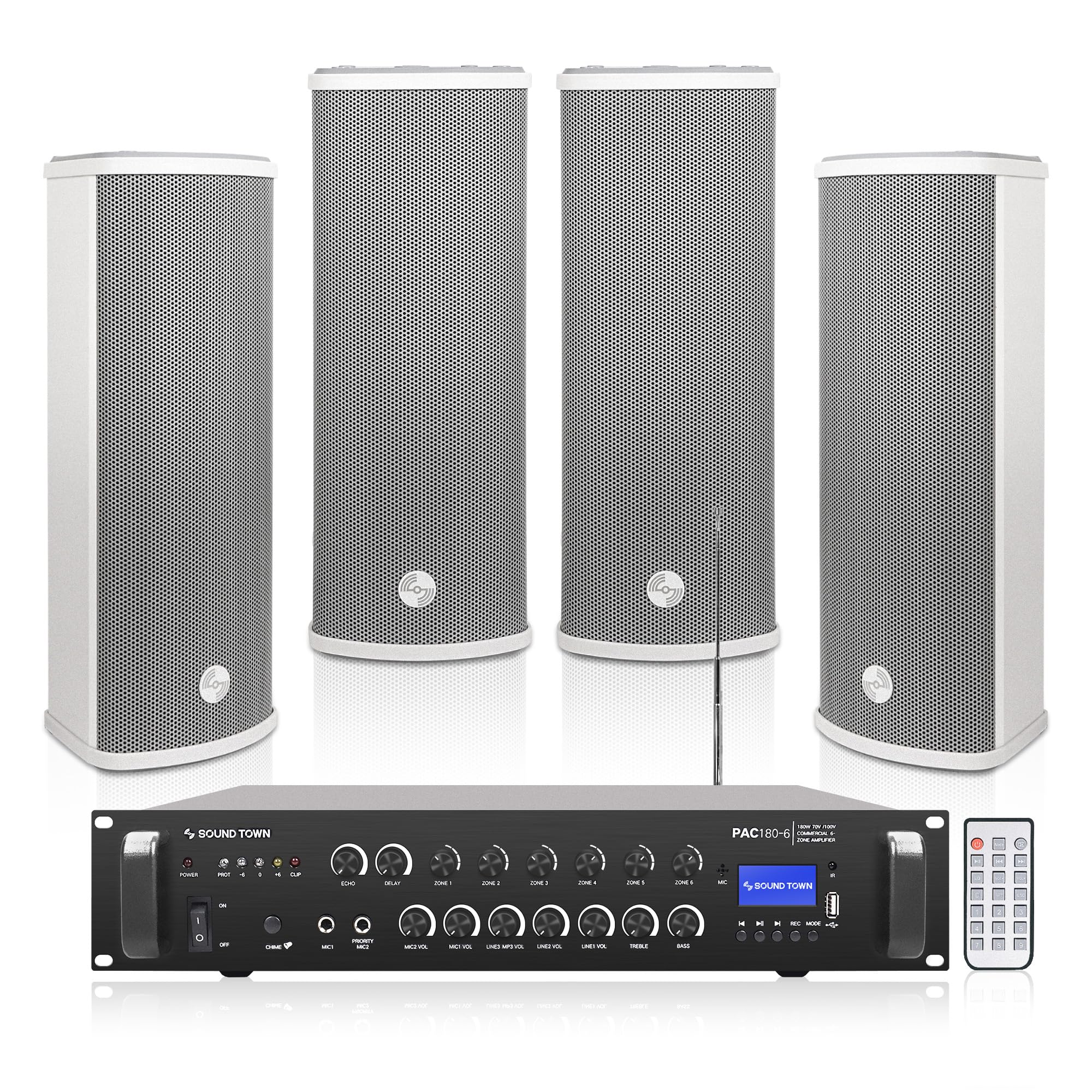 Sound Town Commercial Restaurant Bluetooth Amplifier + Column Speaker Set, with One 6-Zone 70V/100V Amplifier with Bluetooth, 4 x All-Weather Dual 5-Inch Column Speakers, Grey (PAC180X4CL25G)