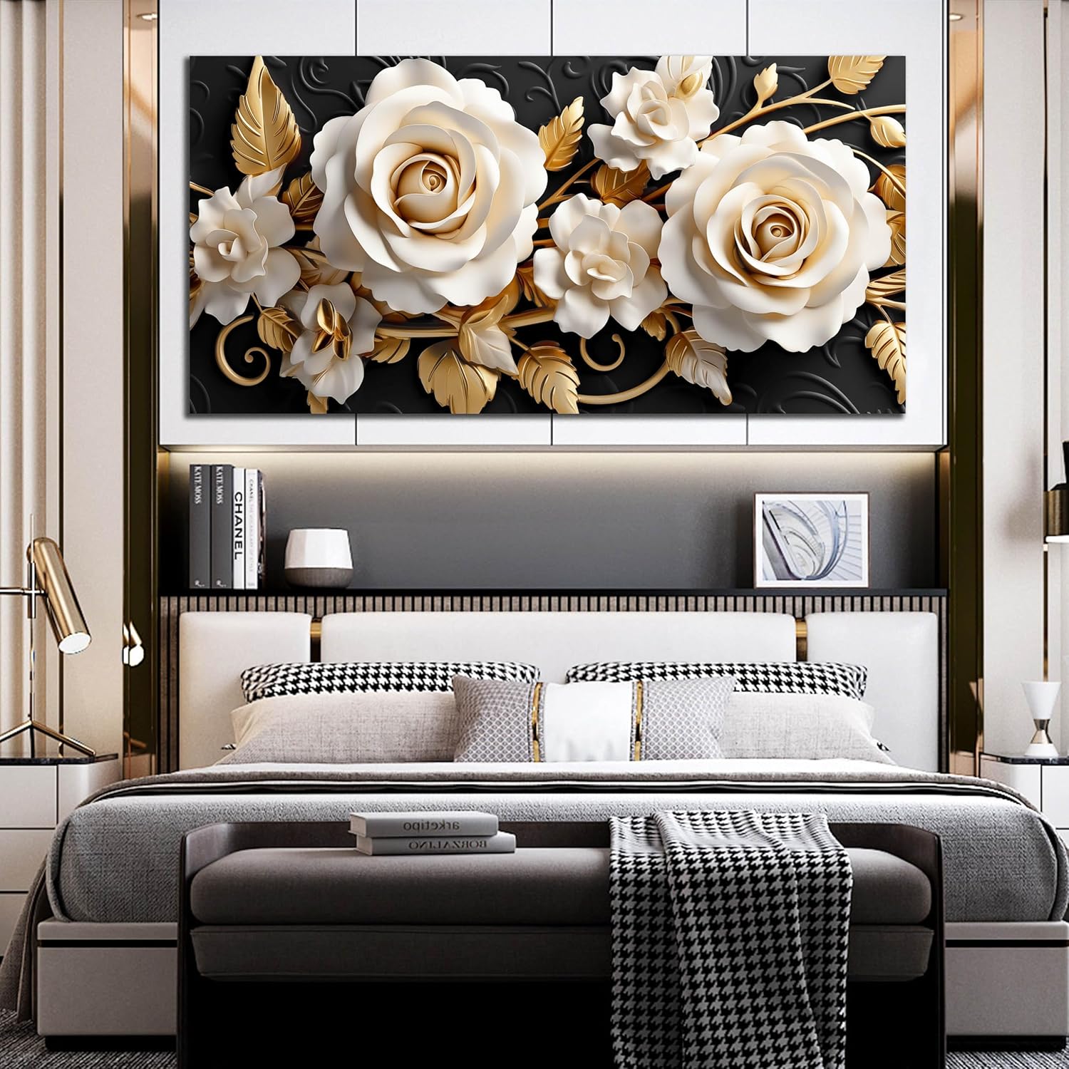 Flower Large Canvas Wall Art for Living Room Bedroom Home Office White and Gold Wall Art Blossom Picture Framed Wall Decor Modern Canvas Prints 29x59 In - Image 2