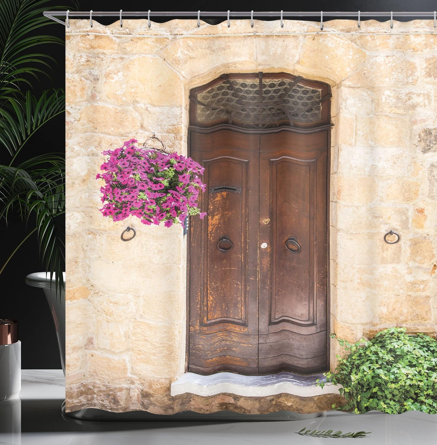 Ambesonne Italian Shower Curtain, Rusty Wood Door Flowers in Italy Town Nostalgic Building, Cloth Fabric Bathroom Decor Set with Hooks, 69" W x 75" L, Cream Lilac Brown