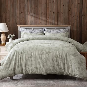 BISELINA Vintage Linen Duvet Cover Set Landscape Printed Pattern 3pcs 1 Comforter Cover, 2 Pillow Shams- Natural Flax Cotton Blend Reversible Breathable Retro Country Bedding - Green, Queen