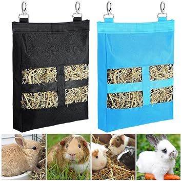2 Pieces Guinea Pig Hay Bag Rabbit Feeding Bag Small Animal Hay Feeder Bag Hanging Feeder Sack for Rabbit Guinea Pig Chinchilla Hamsters Small Animals Hay Storage (Blue, Black)