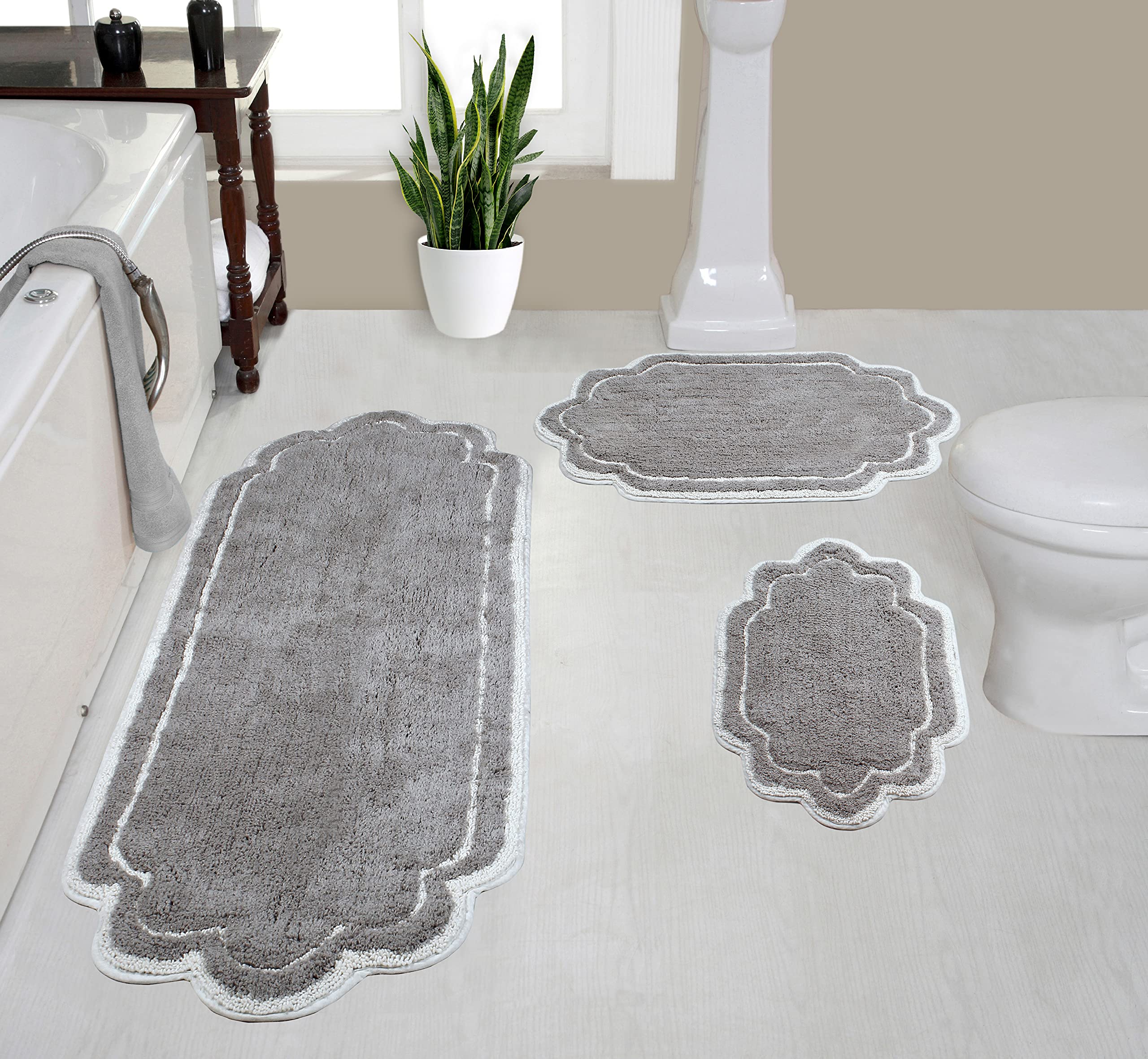 Home Weavers Allure Collection 100% Cotton Tufted Bathroom Rug, Soft and Absorbent Bath Rugs, Non-Slip Bath Carpet, Machine Wash Dry Bath Mats for Bathroom Floor, 3 Piece Set with Runner, Gray