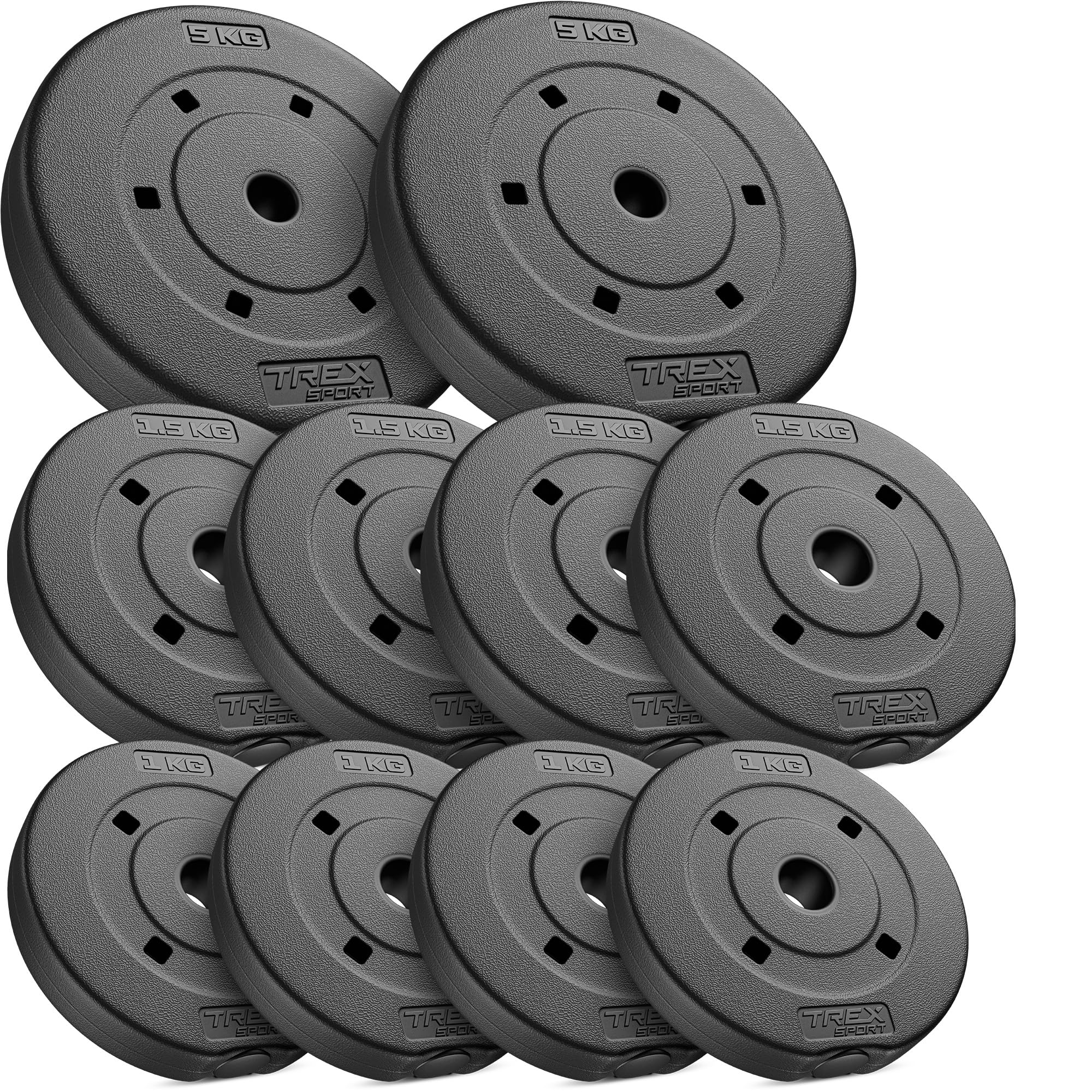TREX SPORT Hantelscheiben Set 20 kg 27mm | Gewichte 2x5kg + 4x1,5kg + 4x1kg | Kunststoff Gewichte, Langhantelstangen, Gewichtsscheiben für Krafttraining und Fitness zuhause