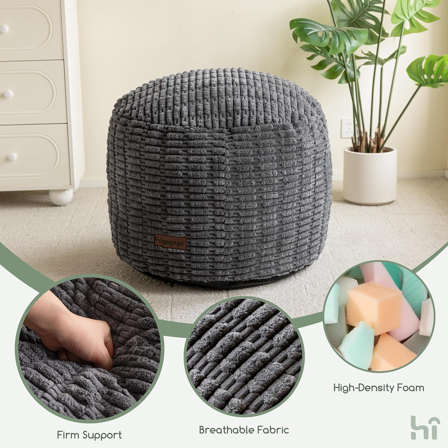 HIGOGOGO Pouf Ottoman Stuffed Round Modern Foam Filled Foot Rest Poufs for Living Room Chair Decorative 20 X 15 Inches Boho Relax Stool for Wedding Christmas Party, Dark Grey