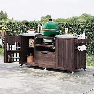 Quarte 66.5" Outdoor Kitchen Island for Big Green Egg Grills, Solid Wood Outdoor Grill Cart for Tabletop Grill with Stainless Steel Top, Drawer, Family Barbecue Outdoor Gathering (Brown3)