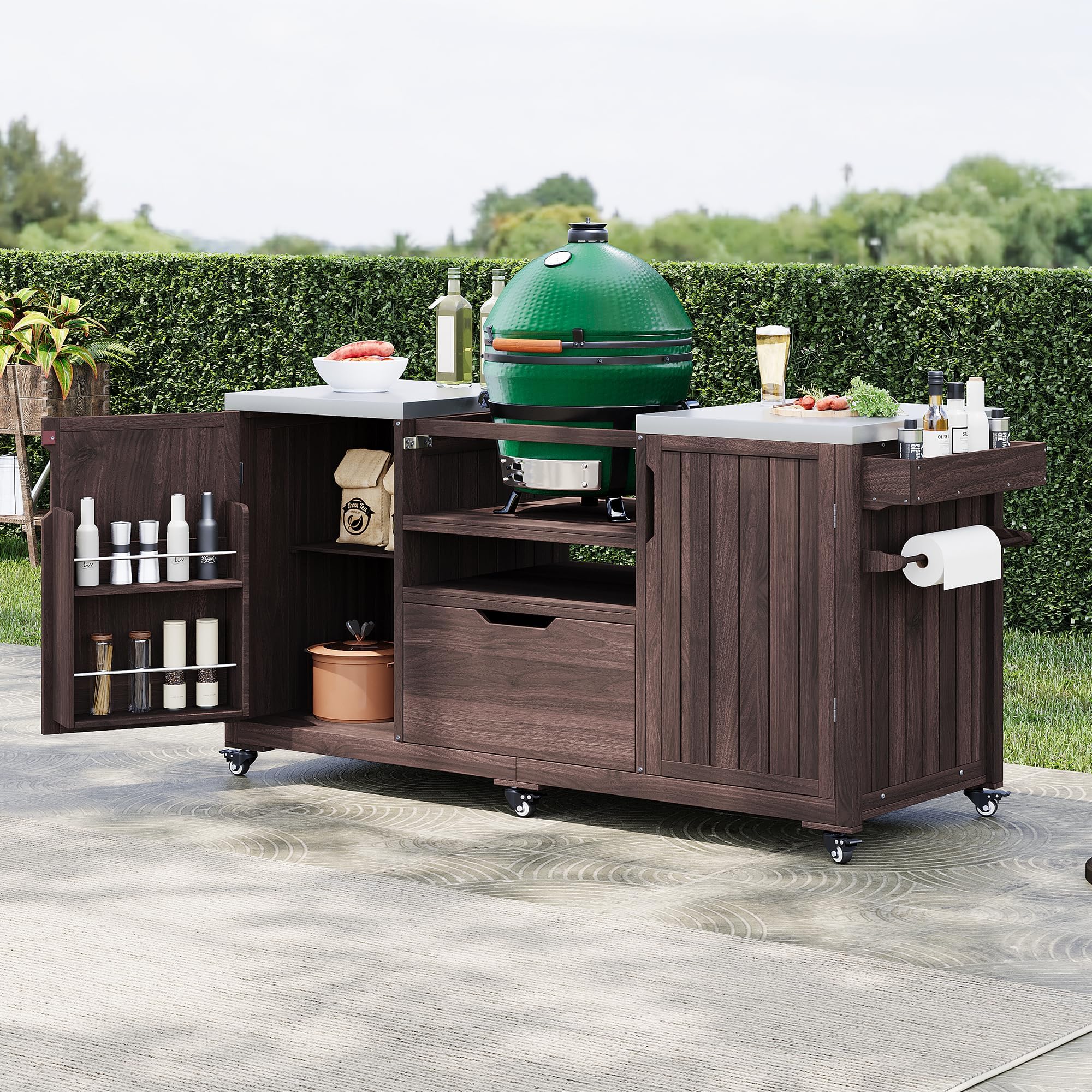 Quarte 66.5" Outdoor Kitchen Island for Big Green Egg Grills, Solid Wood Outdoor Grill Cart for Tabletop Grill with Stainless Steel Top, Drawer, Family Barbecue Outdoor Gathering (Brown3)