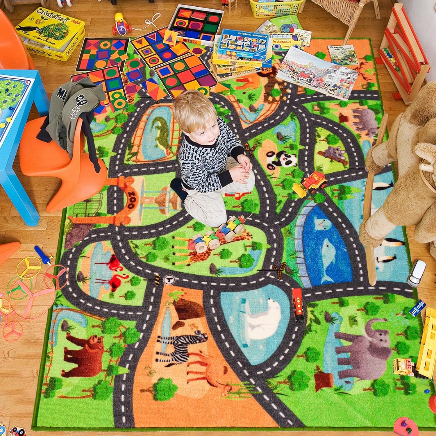Kids Rug Playmat Rug,118"X78.7" Animal Car Rugs for Kids Toy Cars,Non Slip Zoo Road Map Kid Carpet for Playroom Bedroom Boys,Kid Play Mat Road Rugs,Track Play Carpet for Kid