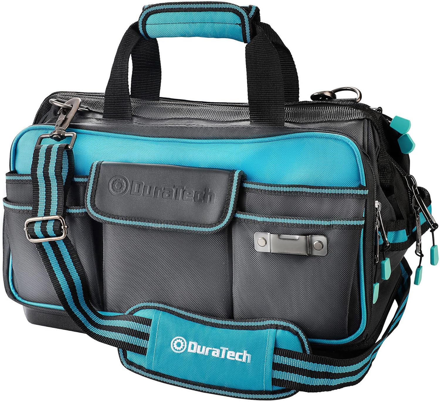 DURATECH 17" Wide Mouth Tool Bag, Large Storage 32 Pocket Tool Bag Organizer with Water Proof Molded Base, Adjustable Strap, Clip Design, 840D Oxford Fabric