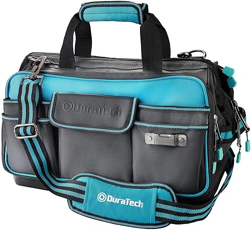 DURATECH Bolsa de herramientas de boca ancha de 17 pulgadas, organizador grande de 32 bolsillos con base moldeada a prueba de agua, correa
