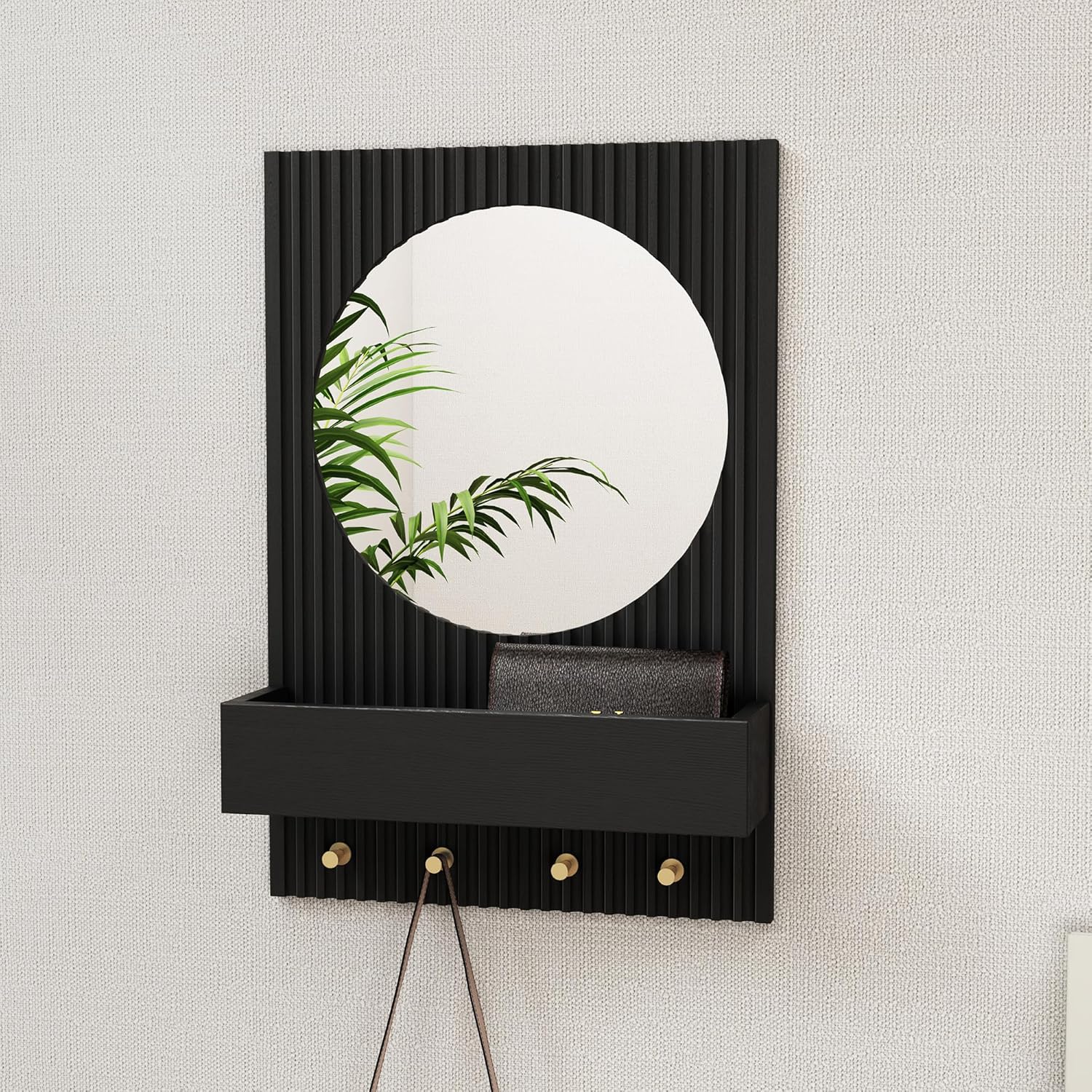 ARTPOWER Wood Wall Mirror with Shelf&Hooks, 24"x16" Black Wall-Mounted Mirrors with Streamlined Texture Hanging Decorative Modern Mirrors for Entryway, Bathroom, Bedroom, Living Room