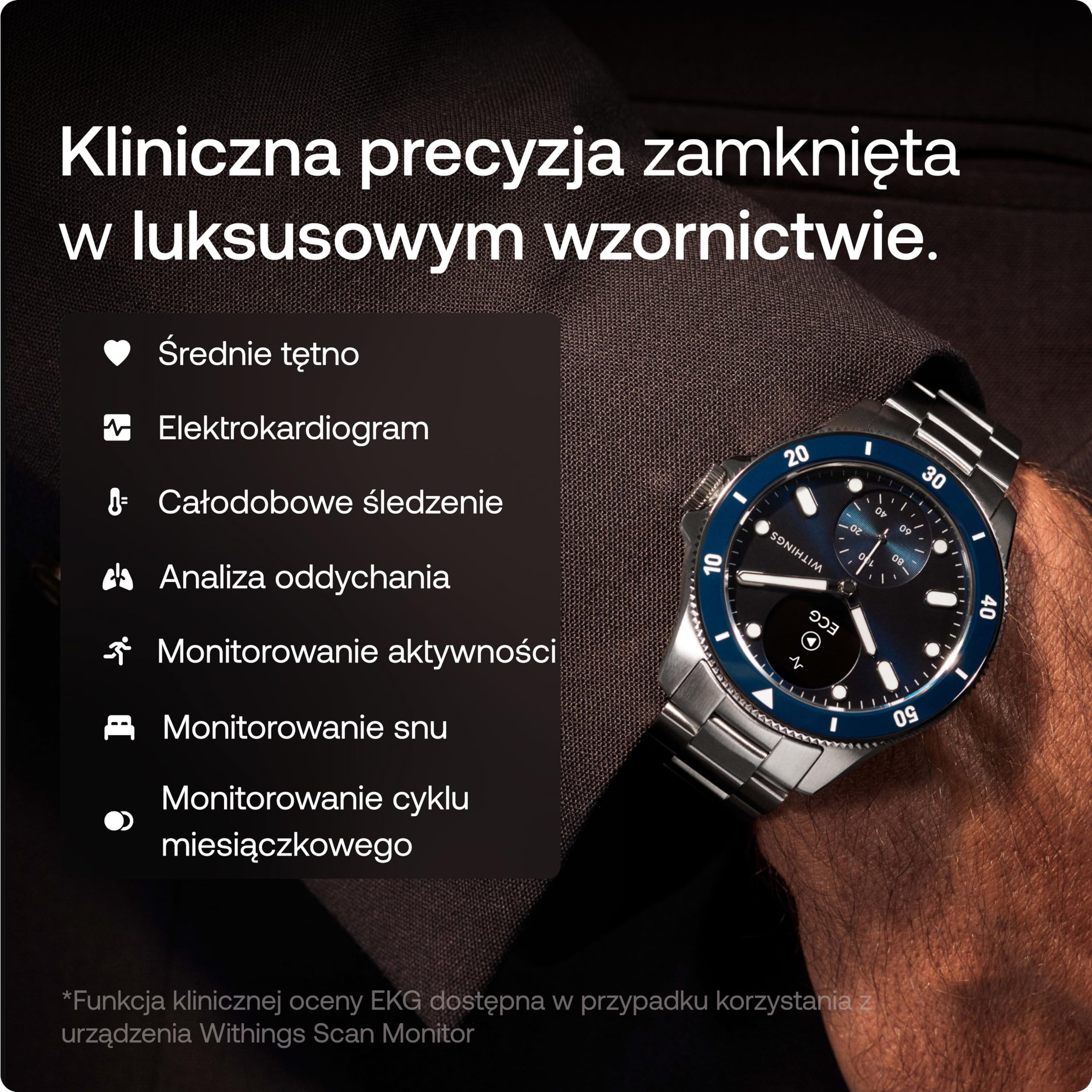 WITHINGS ScanWatch Nova, hybrydowy smartwatch, zdrowie serca, do M&F – EKG, SPO2, monitorowanie temperatury, śledzenie snu, zdrowie dróg oddechowych, śledzenie cyklu, czas pracy baterii 30 dni, iOS i