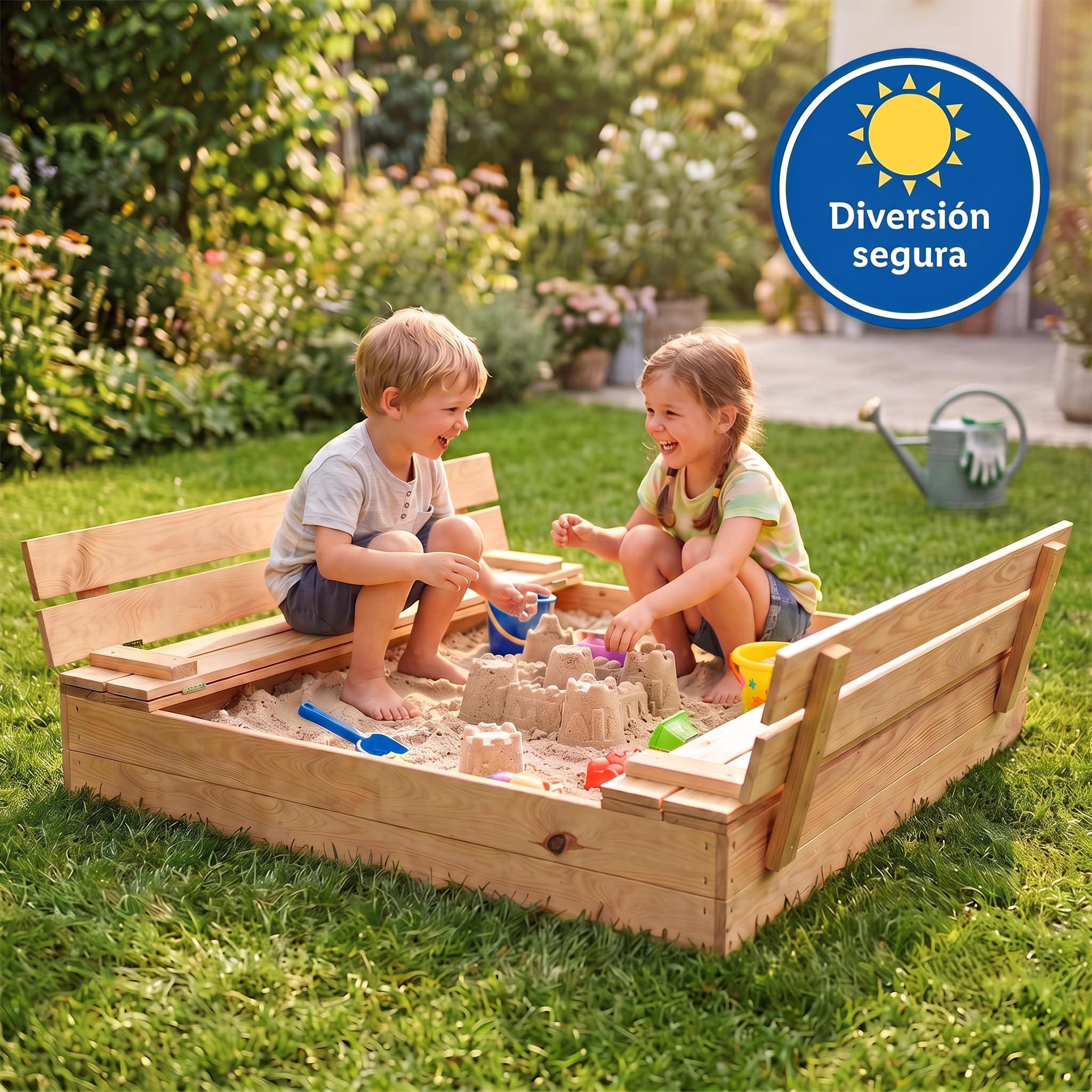 VELORA H&L Arenero Infantil de Madera con Tapa y 2 Bancos 120 x 120 cm – Caja de Arena 2 en 1 para Niños, Jardín y Exterior, Tela de Fondo Incluida