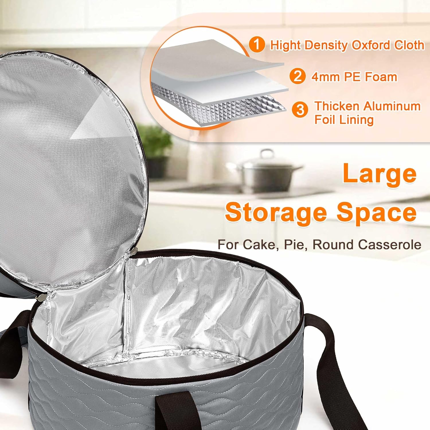 Trunab Round Casserole Carrier 12 inch, Insulated Pie Carrier Bag for Transport, Food Carrier for Cakes, Pies and Dishes, Double-layer Design, with Extra Pocket for Cutlery - Image 3