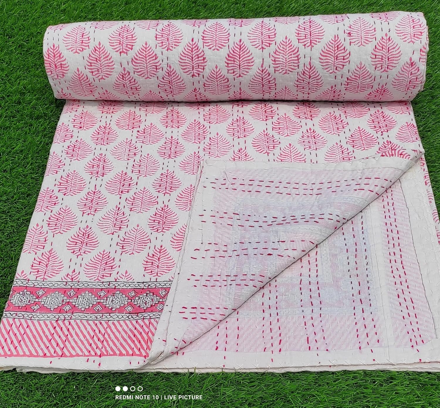 Boho Cotton Quilt with Pink Leaf Block Design Soft Kantha Stitch Blanket for Modern Bedroom Decor (White Base with Pink Leaf Print, King (108X108), Hand Block Pink Leaf Motif)