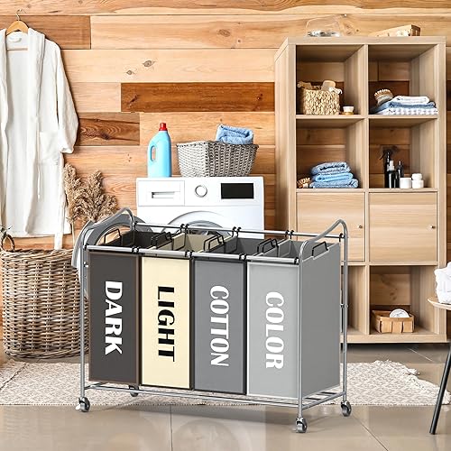 Miniatura 4 de SimpleHouseware - Carrito clasificador de lavandería resistente de 4 bolsas, color plateado y bolsas surtidas