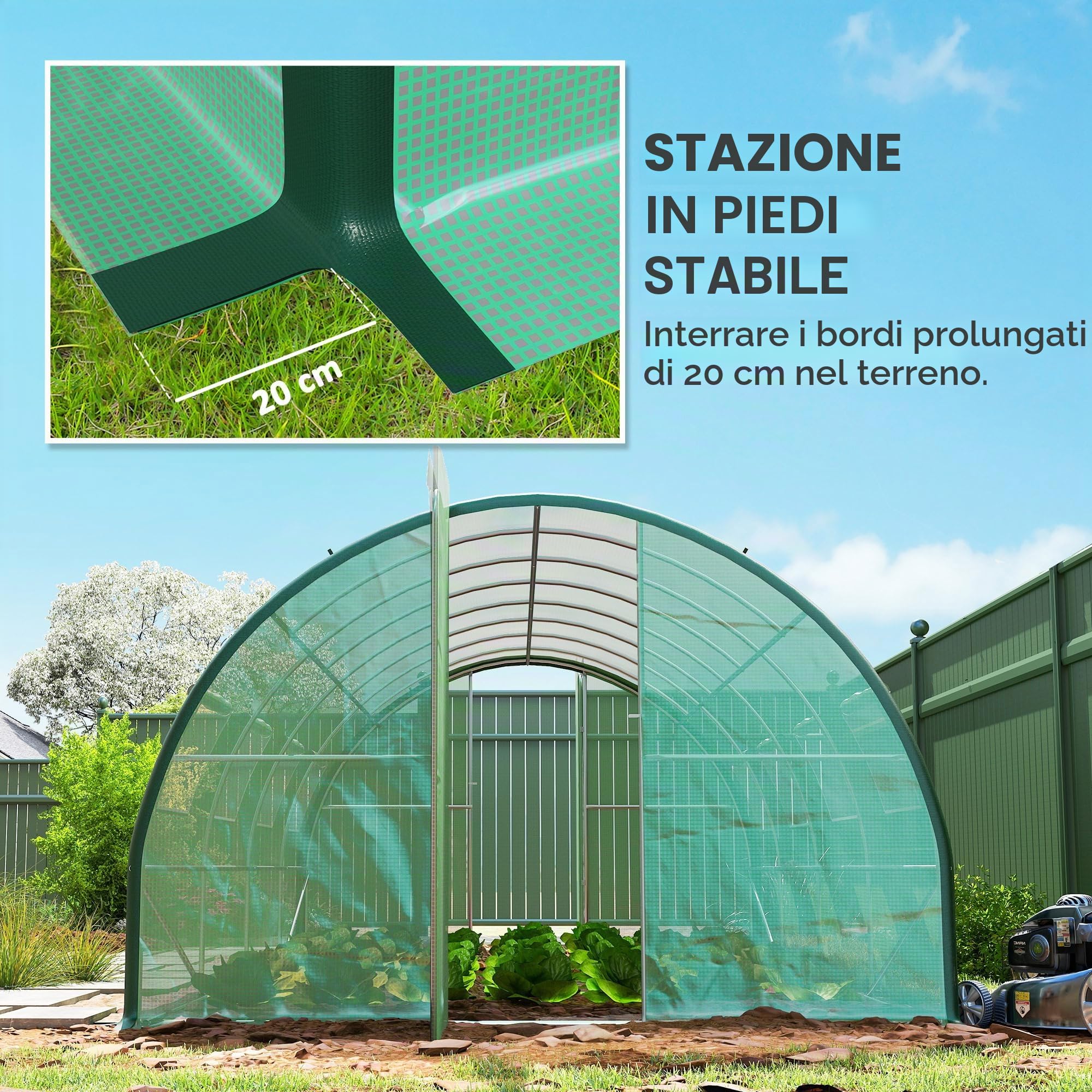 Serra a Tunnel Outsunny, Serra a Tunnel di 18 m², con 8 finestre e 2 Porte a Battente, Tessuto PE, Struttura in Ferro zincato, Verde