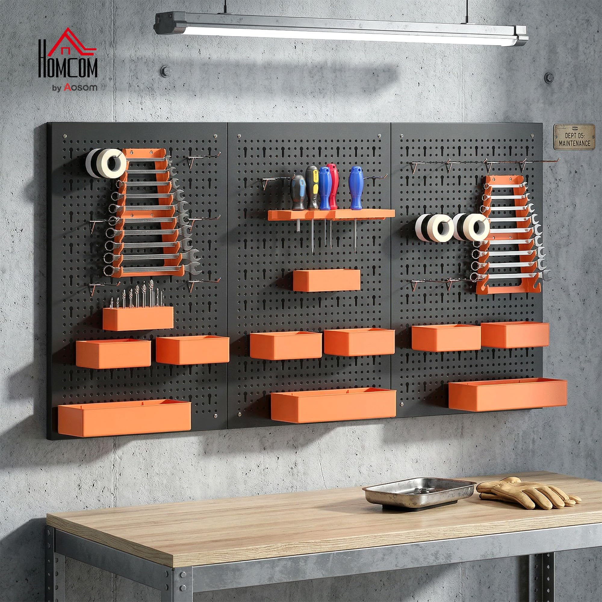HOMCOM Organizador de Herramientas de Pared 120x60 cm Negro y Naranja | 33 Piezas, Paneles de Herramientas de Pared, Ganchos, Contenedores, Estantes, para Garajes, Cajitas