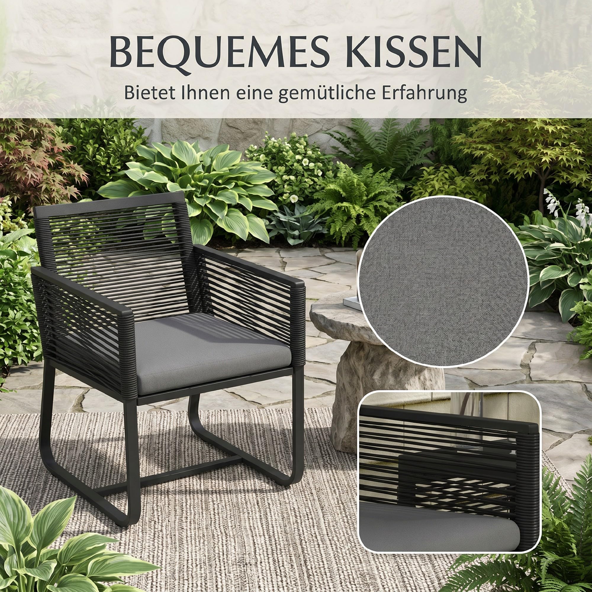 Outsunny 3-teiliges Rattan Gartenmöbel-Set Sitzgruppe Gartengarnitur mit 2 Gartenstühlen, Beistelltisch mit Hartglasplatte, inklusive Kissen, ideal für Balkon, Schwarz