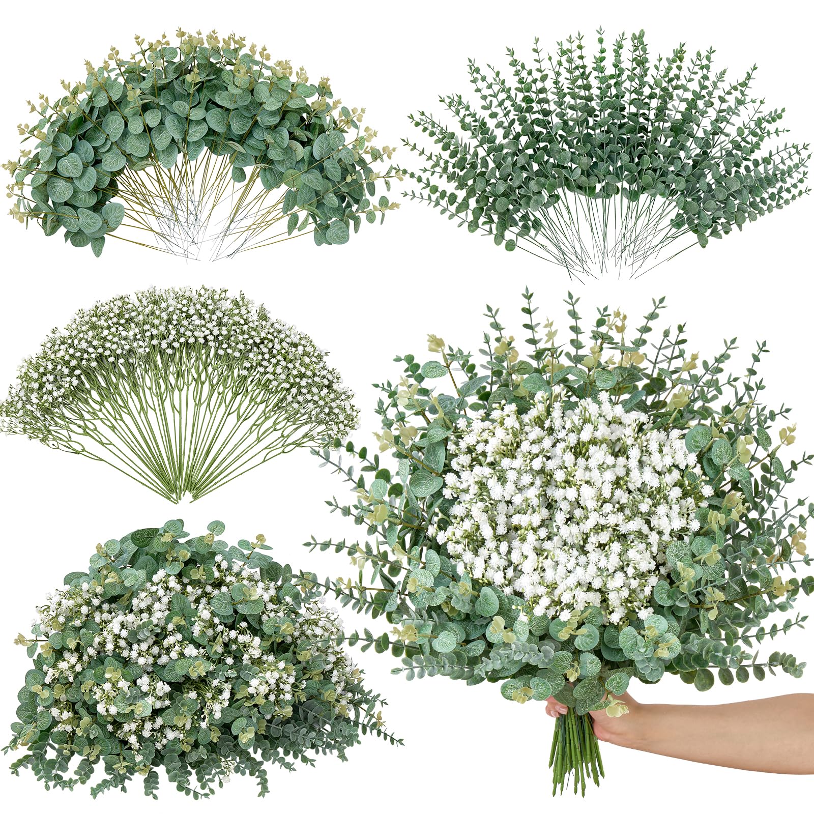 Serwalin 200 Pcs Mixed Artificial Eucalyptus Stems Babys Breath Artificial Flowers Bulk with Artificial Fake Greenery Stems for