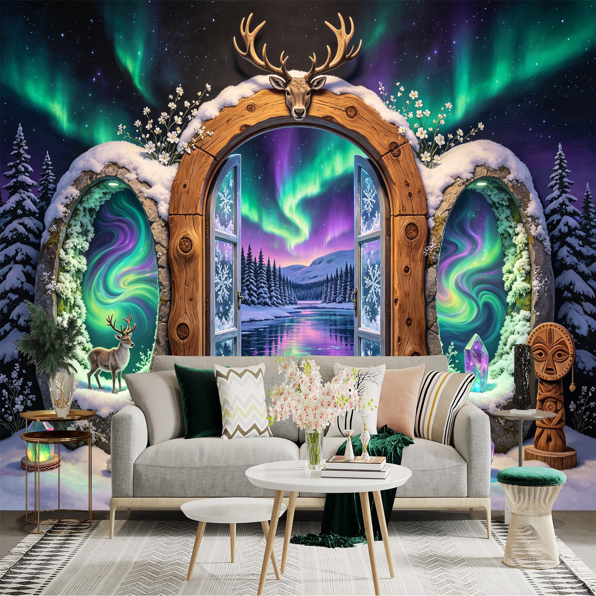 Custom Size Wall Sticker Mural， Aurora Borealis Winter Forest Deer Fantasy Portal， for wall Decoration， peelandstick wall Decals.