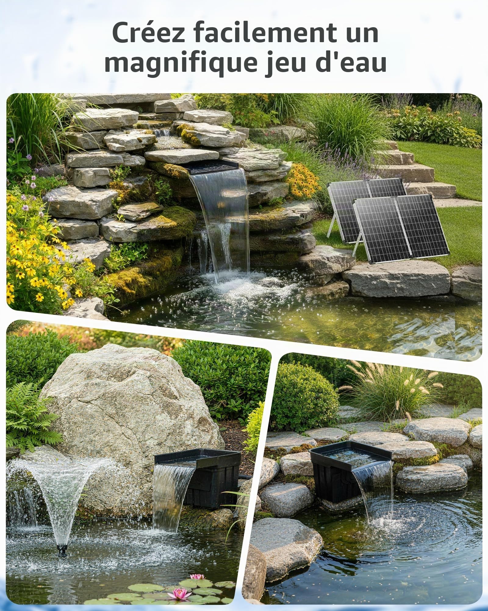 POPOSOAP Cascade d’étang solaire avec panneau solaire 120W & pompe 6000 L/h, tuyau ondulé 3m, média filtrants, cascade pour étang de jardin extérieur, ruisseaux