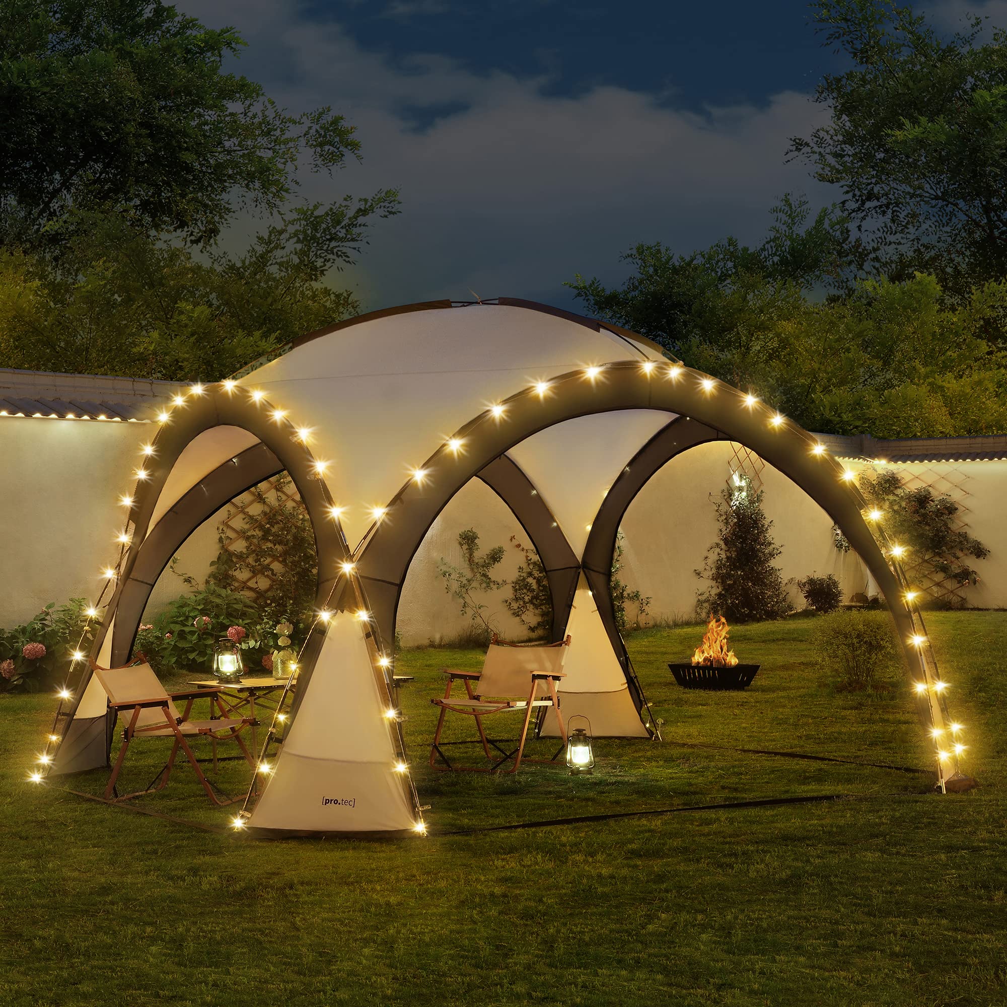 pro.tec Kuppelpavillon Grästorp Eventzelt mit LED Partyzelt inkl. Beleuchtung mit Solarmodul Festzelt wasserdicht 3,45 x 3,45 x 2,47 m Grau