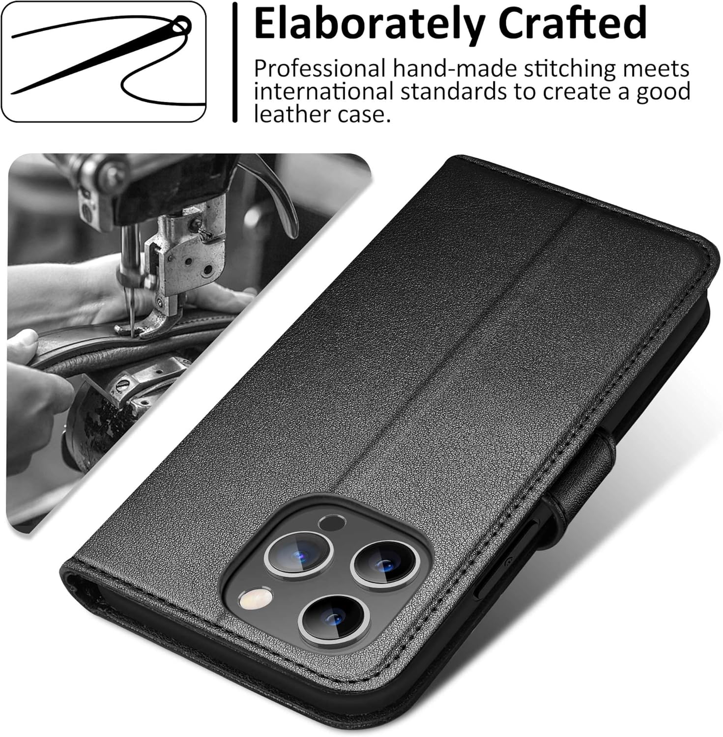 USLAI for iPhone 12 Case, iPhone 12 Pro Wallet Case with RFID Blocking Card Slot Stand, Leather