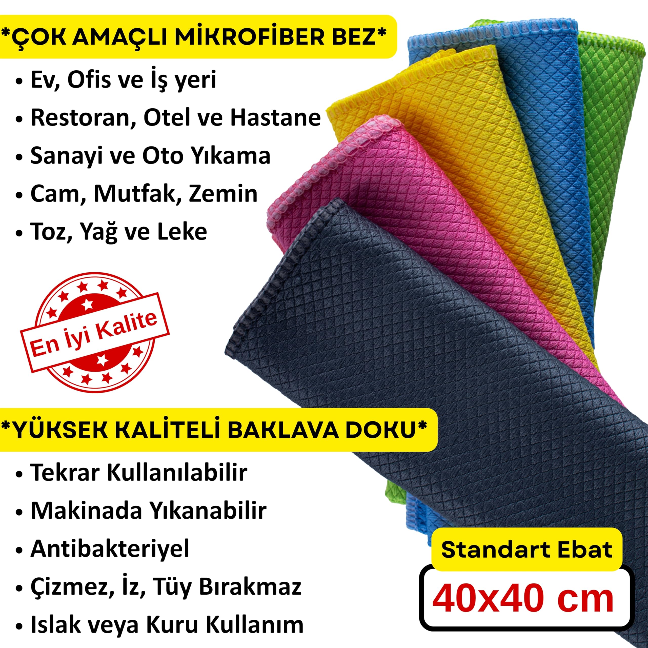 CAQA HOME Sihirli Temizlik ve Kurulama Bezi, 5-Adet Karışık Renk Premium Baklava Mikrofiber Bez Seti 40x40 cm, İz Tüy Leke Bırakmaz Emici Koku Yapmaz Çabuk Kuruyan Cam Hassas ve Genel Temizlik Bezi