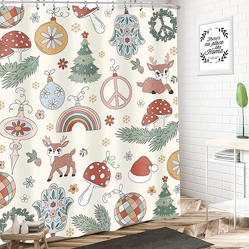Miniatura 2 de LIGHTINHOME Cortina de ducha retro de Navidad de 60 pulgadas de ancho x 72 pulgadas de alto, decoración navideña de los años 70, seta, arco iris,