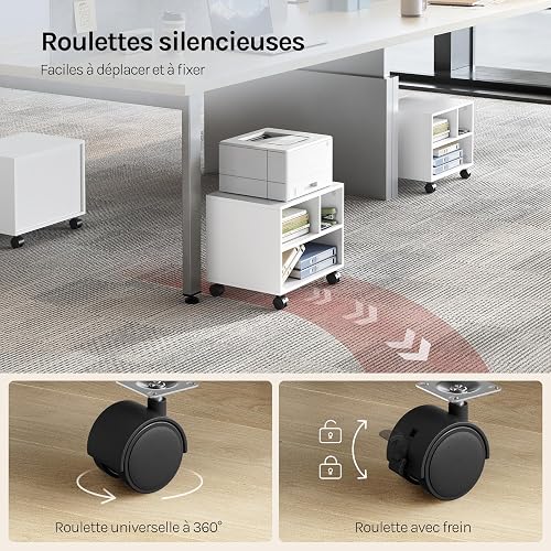WOLTU ASK06ws Printer Table with Wheels, Mobile Printer Stand, Printer Holder, Printer Trolley on Wheels, Office Container Rollable, File Trolley, with 3 Compartments, for Office Study, 40 x 35 x 30 - 4