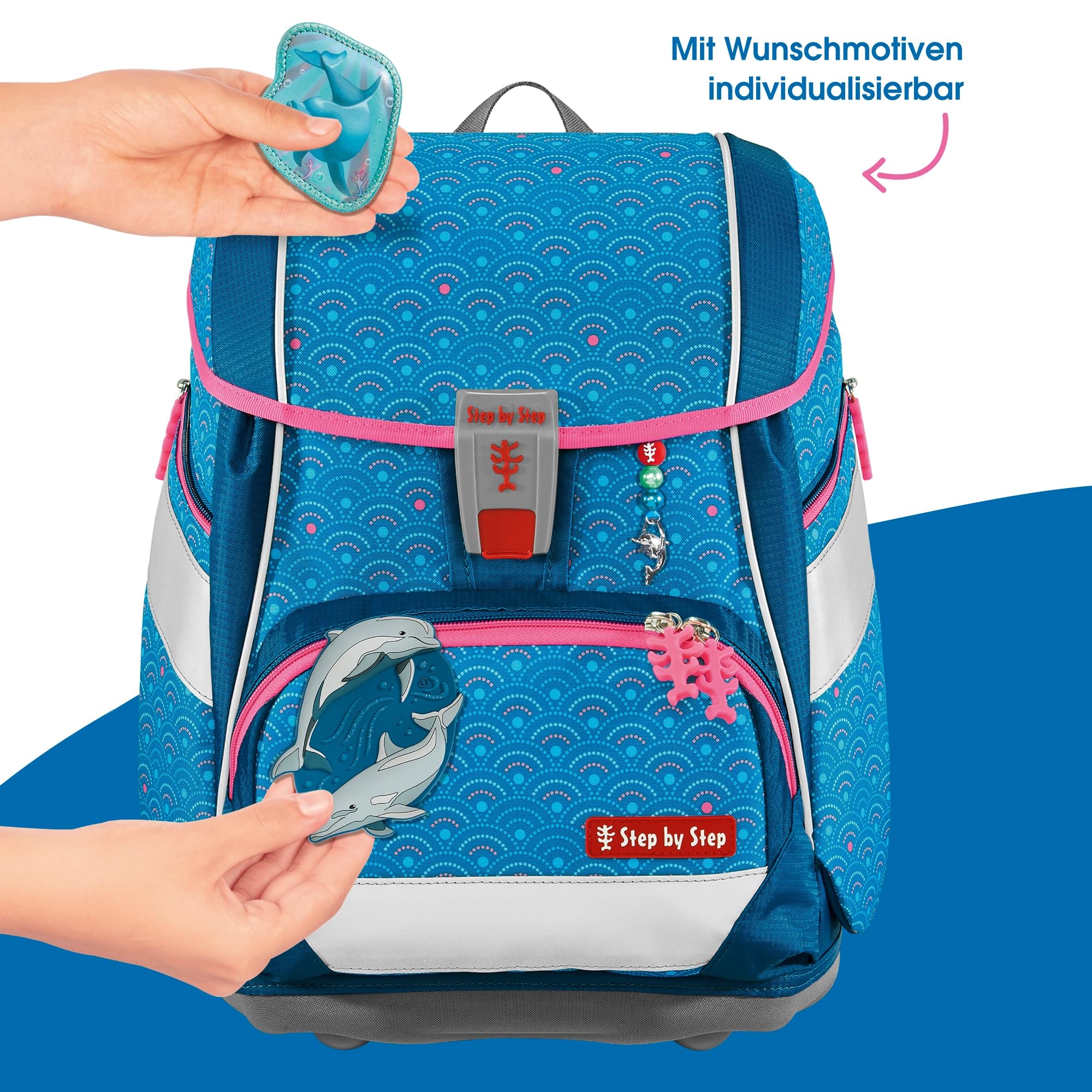 Step by Step Juego de mochila escolar 2 en 1 Plus, 6 piezas, macuto ergonómico con reflectores, altura regulable con cinturón de cadera, a partir de la primera clase, 19 l, Dolphin Pippa -