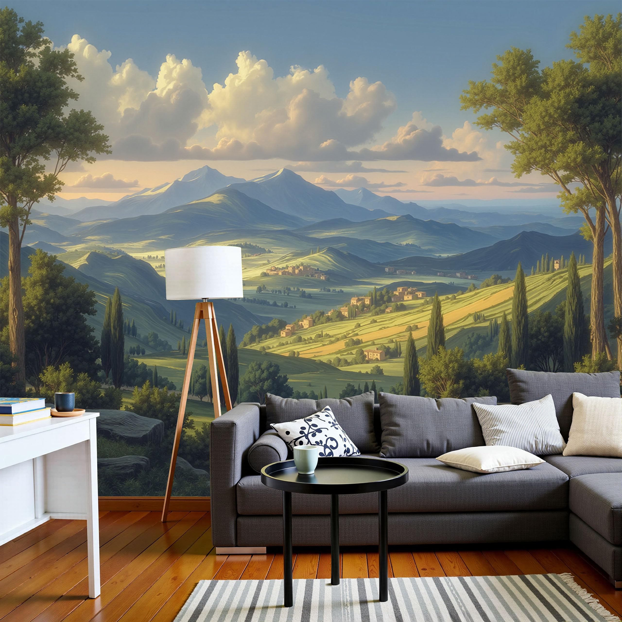 Papier peint panoramique de paysage 300x210cm vert sauge pour deco salon