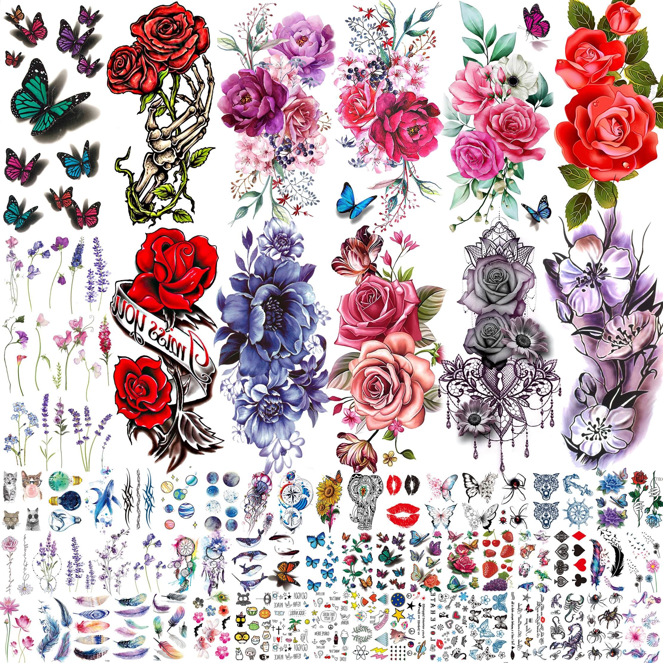 66 Sheets Peony Rose Flower Temporary Tattoos For Women Adults Thigh, 3D Lavender Butterfly Fake Tattoos Girls Arm Sleeve, Realistic Watercolor Floral Temp Tattoo Sticker Finger Tatoos Neck
