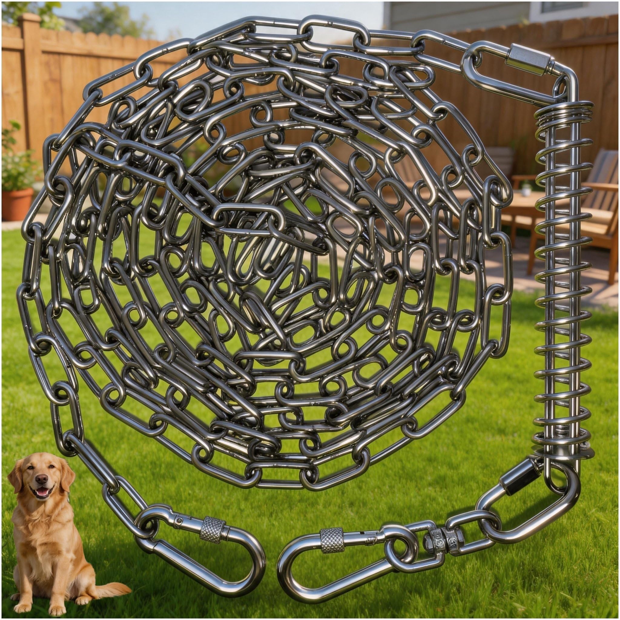 MOLANZ Heavy Duty Dog Tie Out Chain with Spring for Large Dogs, Stainless Steel 4MM 200LBS Chew Proof Shock Absorbing Dog Lead Cable for Yard Outside, No Tangle(1 Spring+Chain/15ft)