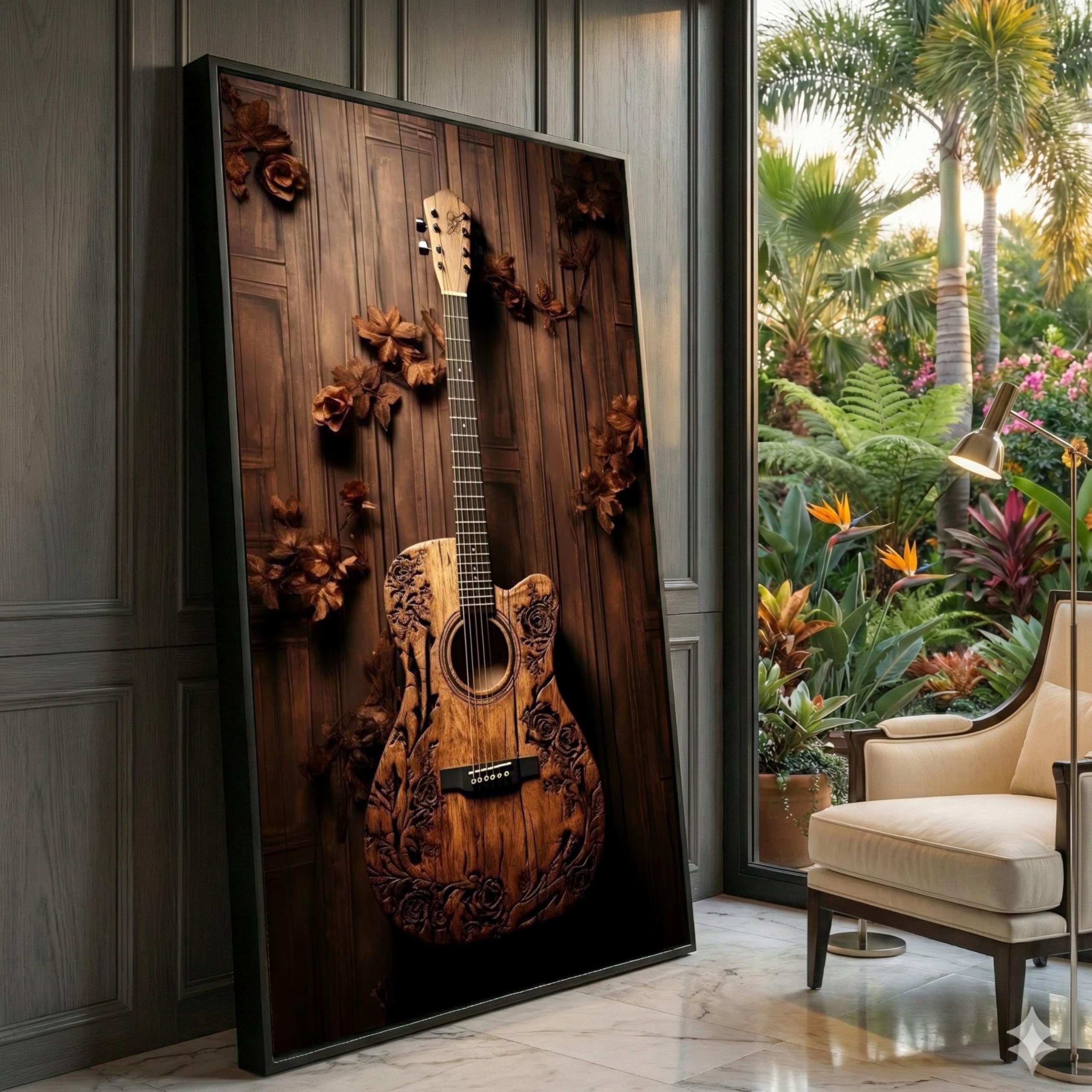 XINBAO Rustic Wooden Guitar Canvas Wall Art, Carved Acoustic Instrument Decor,Music Themed Pictures, Vintage Style Home Decor(70x110cm/Frameless)