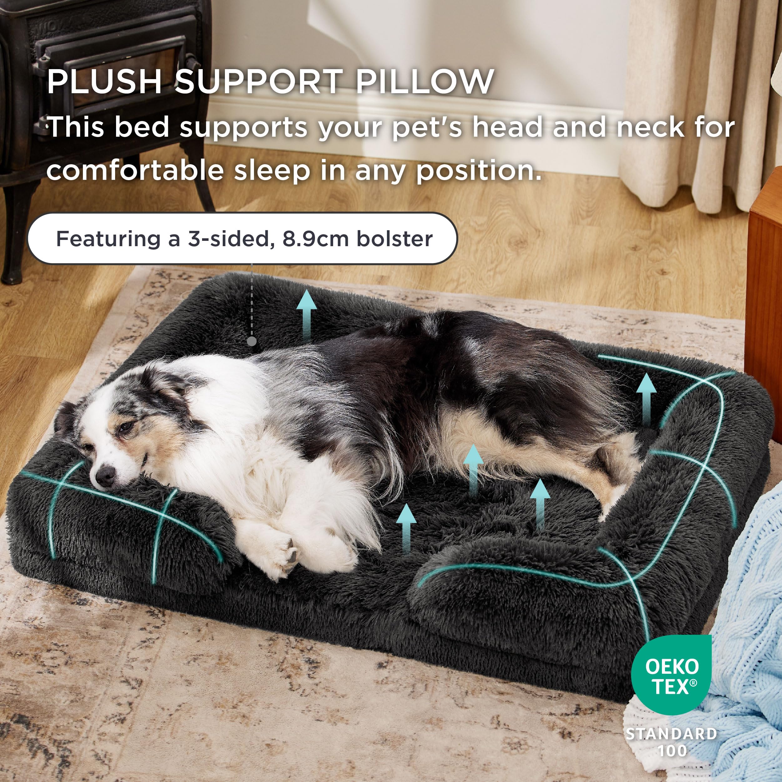 Bedsure Divano letto per cani extra large, lavabile, ortopedico, con fodera rimovibile in peluche con cerniera, XL impermeabile, soffice, letto per cani umani, per adulti, grigio scuro, 106 x 80 x 16