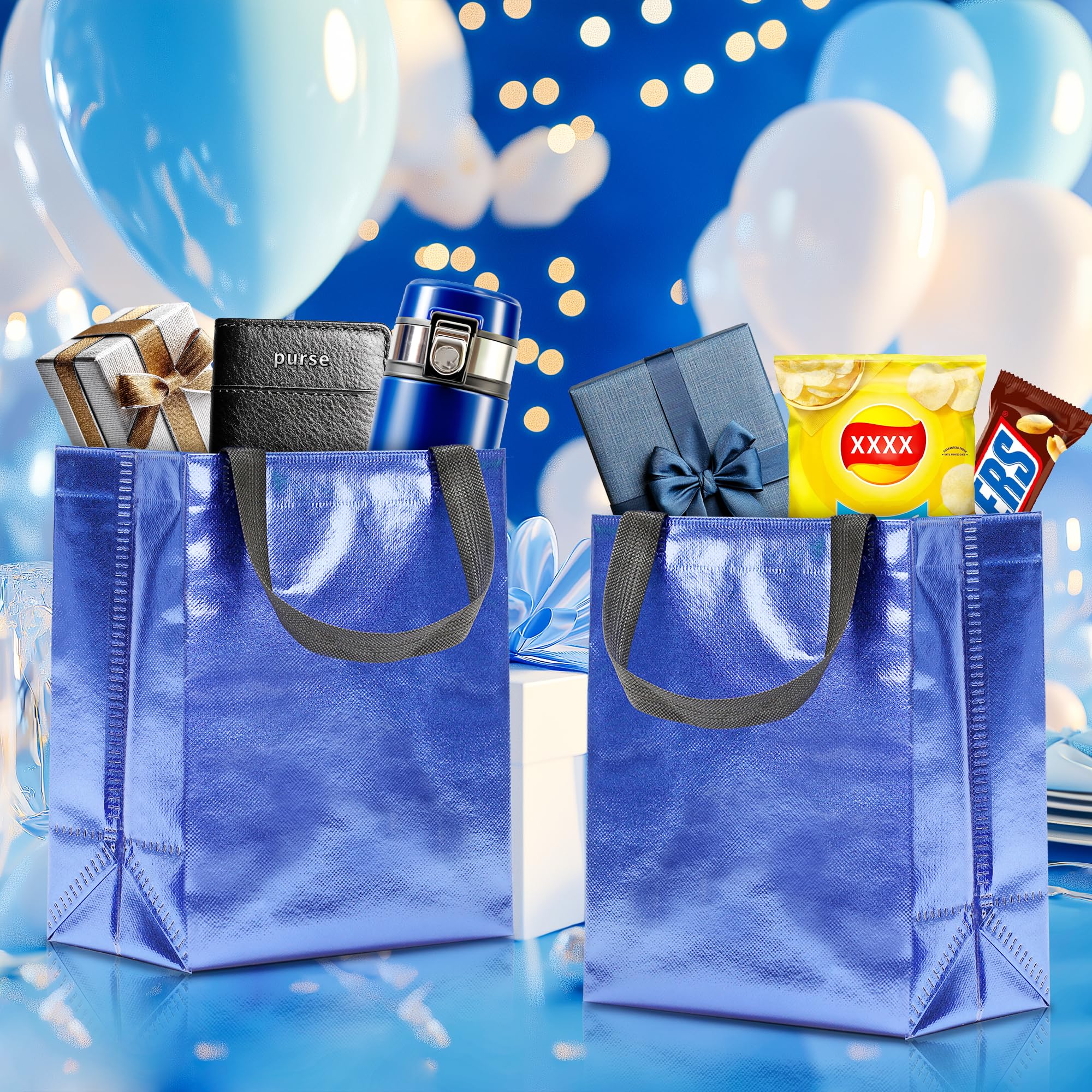 KeerxunBag 12pcs Reusable Gift Bags（Includes Tissue Paper） Gift bag with handle Birthdays Parties Holidays Weddings Medium 10x4x8in blue Gift Bags