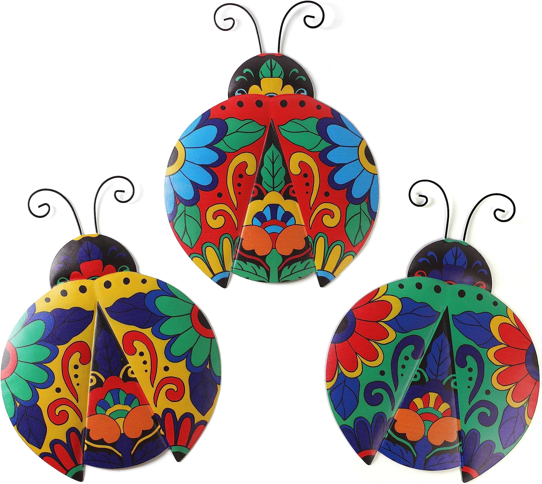 Scwhousi Metal Ladybugs Outdoor Wall Decor,Mexican Pottery Outdoor Decor,Talavera Garden Decoration Hanging for Fence,Yard, Patio,Living Room,Bedroom,Muticolored