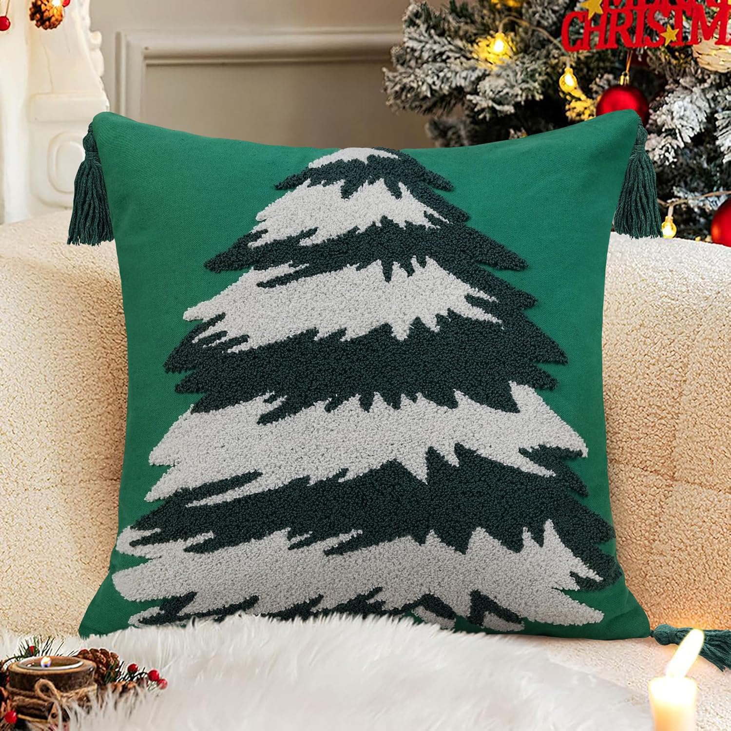 Tufted Christmas Tree Throw Pillow Cover, New Year Embroidered Pillowcase with Tassels, Hand Woven Xmas Cushion for New Year Winter Holiday Home Decor 18 inch (Green, 18"×18")