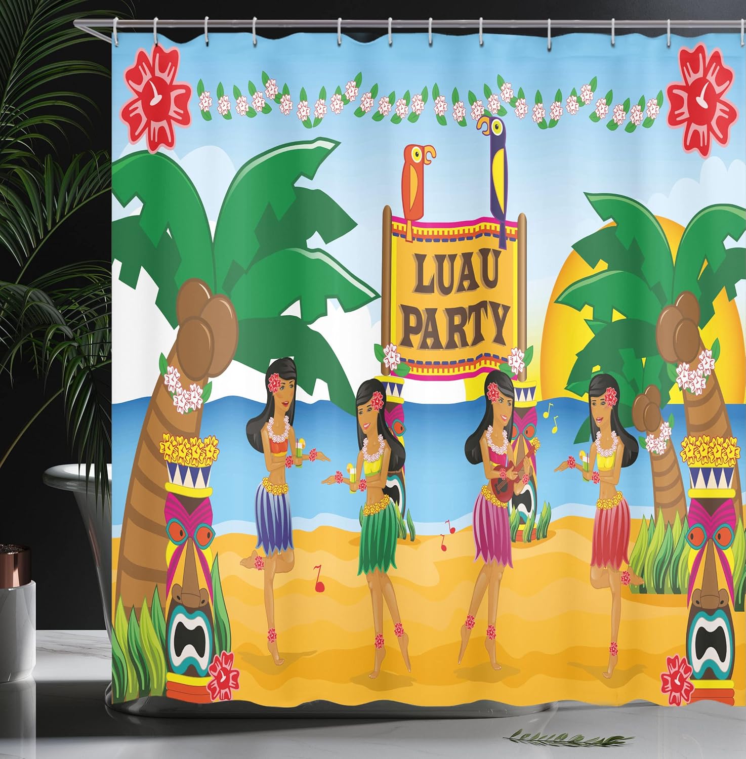 Ambesonne Tiki Bar Shower Curtain, Hawaiian Luau Party in Funny Cartoon Style Dancers on Beach Tradition, Cloth Fabric Bathroom Decor Set with Hooks, 69" W x 75" L, Orange Blue Blue