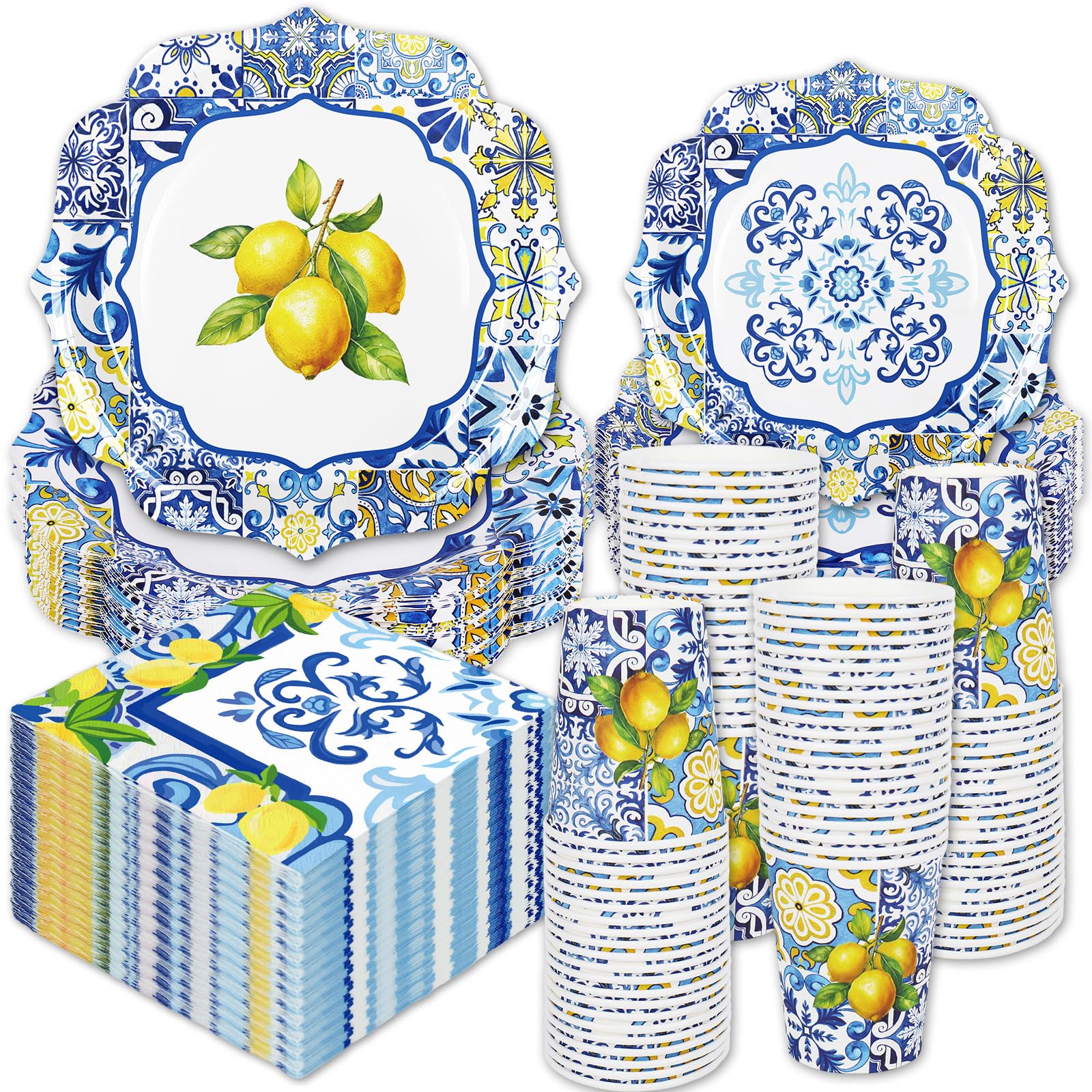 Whaline - Set di stoviglie Capri al limone da 96 pezzi, piastrelle blu, giallo limone, stoviglie monouso: 24 piatti da 25,4 cm, 24 piatti da 17,8 cm, 24 tovaglioli, 24 tazze da 266 ml per