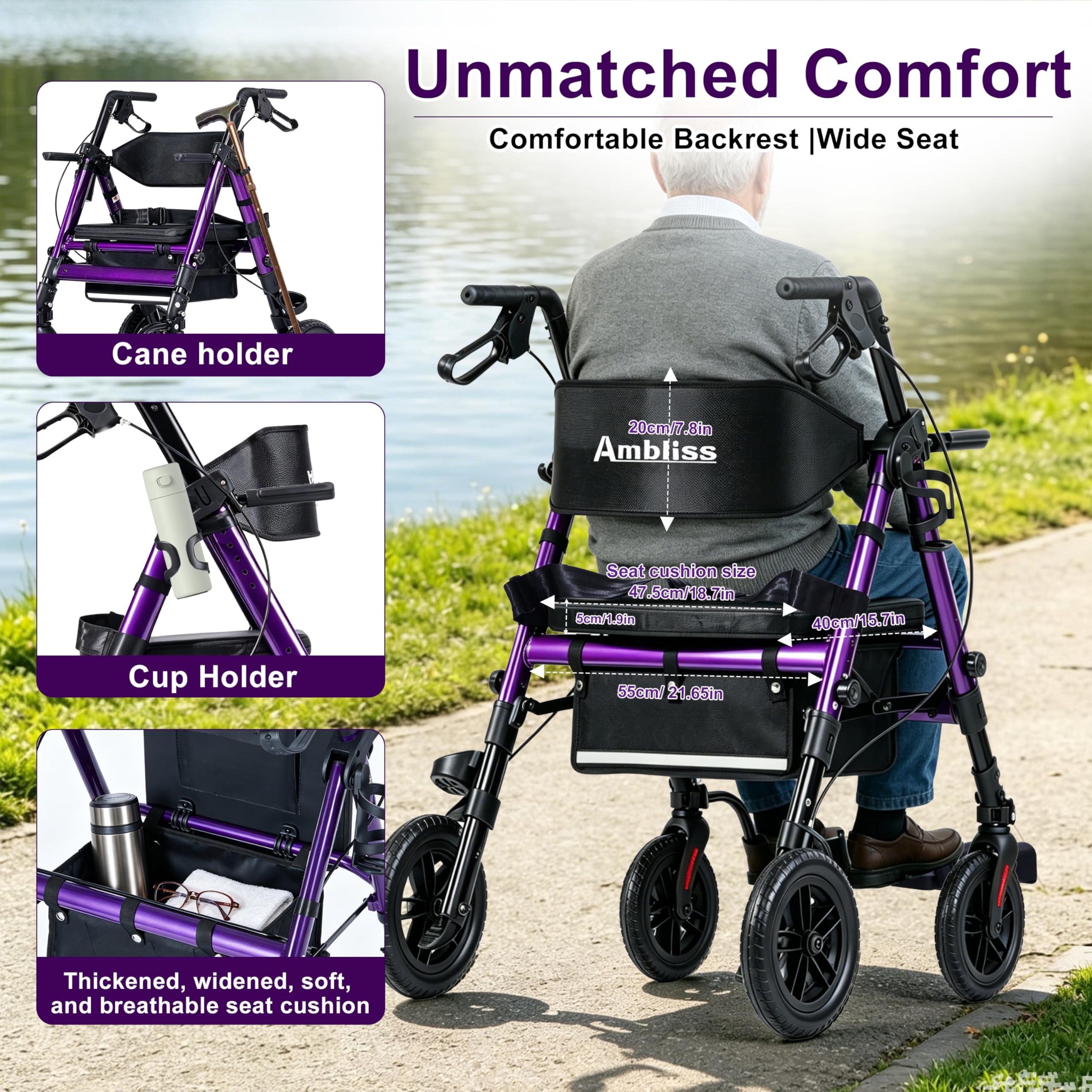Ambliss 2-in-1 Rollator Transport Wheelchair Combo for Seniors with seat — Amazon image 5