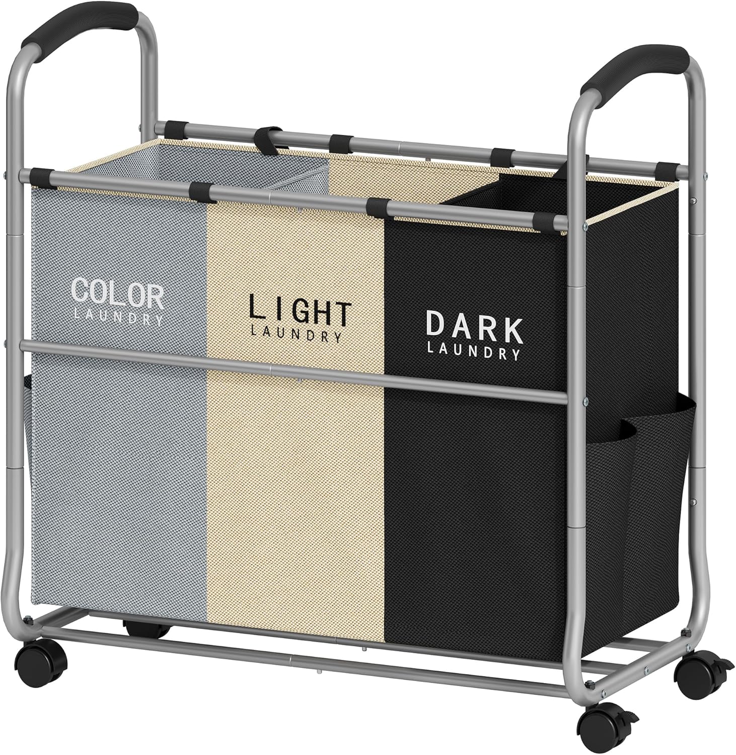 Tajsoon 3 section Laundry Hamper Sorter, Laundry Sorter Cart with Heavy Duty Lockable Wheels and Removable Bags, Laundry Separated Rolling Cart Basket for Clothes Storage, Grey+Beige+Black